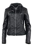 Lederjacke Damen Neila Biker Style - Premium Lamm Kapuze (XL, Schwarz)