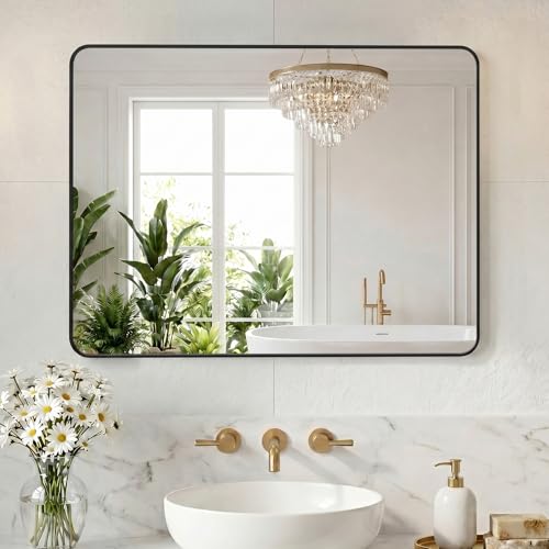 Image of NEWBULIG 30X40 Inch Bathroom Mirror, Rectangle Wall Mirrors with Rounded Corners, Black Vanity Mirrors for Bathroom Sink with Metal Frame for Bedroom, Entryway, Hangs Horizontally or Vertically
