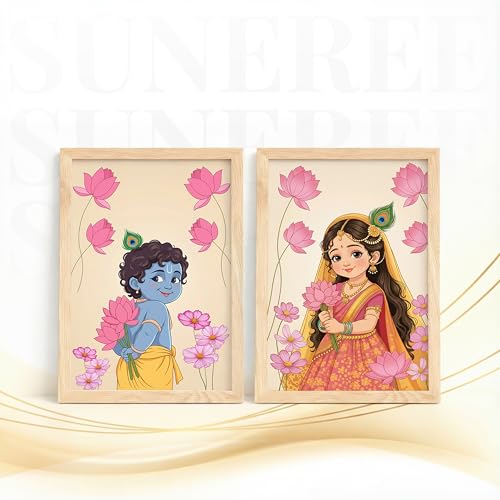 Image of Suneree Baby Krishna Radha Wall Art Painting | Set of 2 Framed Paintings | Radha Krishna Decor for Living Room Bedroom Pooja Room | (ART 11, 10x13 INCHES)