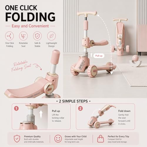 Image of Multi-Functional 2 in 1 Kids Kick Scooter with Foldable Seat | Adjustable Handlebar | PU LED Flashing 3 Wheels | for Boys & Girls Age 3-14 Years (KS-110 Pink)