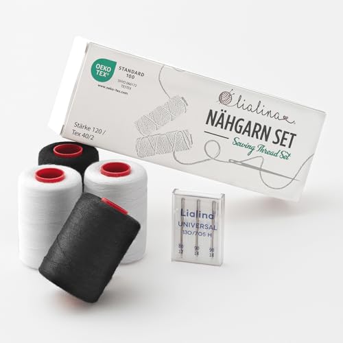 Lialina Juego de hilo de coser con agujas para máquina de coser, 4 x 1000 m, color blanco y negro, 100% poliéster, certificado Oeko-Tex/grosor 120, hilo de coser resistente para máquina de coser