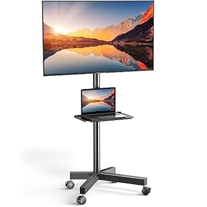 PERLESMITH Mobile TV Cart with Wheels for 23-60 Inch LCD LED OLED Flat Curved Screen Outdoor TVs Height Adjustable Shelf Floor Stand Holds up to 55lbs Monitor TV Holder with Tray Max VESA 400x400mm