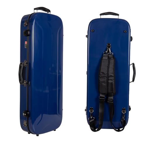Image of Crossrock Fiberglass Mandolin Case - Oblong for F-Style (Fits Gibson F5) | Navy Blue Gloss Finish, Forest Green Velvet, TSA Lock, Hygrometer, Backpack Straps - Hard Shell Pro Travel Series