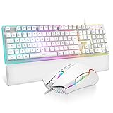 RedThunder K10 - Juego de teclado y ratón para Gamer, AZERTY francés + reposamuñecas, teclado para juegos antifantasmas retroiluminado RGB y 7200 DPI con ratón ergonómico para jugadores, color blanco