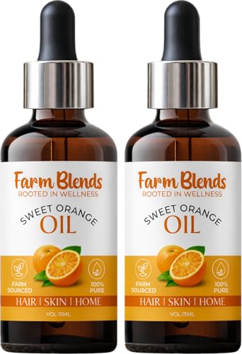 Image of Farm Blends Sweet Orange Essential Oil|Vitamin C,Boosts Collagen|Hair Growth,Skin Care,Reduces Sun Tan,Fresh Citrusy|Farm To Home|Oil 100% Pure,Natural, Undiluted|Citrus sinensis|Pack of 2 |15ml