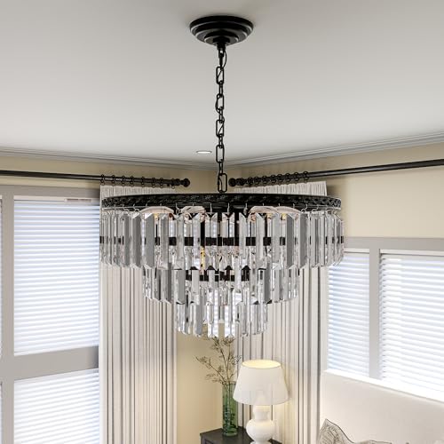 DWVO Black Crystal Ceiling Light Pendant Light 20in, 9-Light Round 3-Tier Adjustable Hight Modern Luxury Crystal Chandeliers for Living Room Entryway Bedroom Dining Room - E12 Base