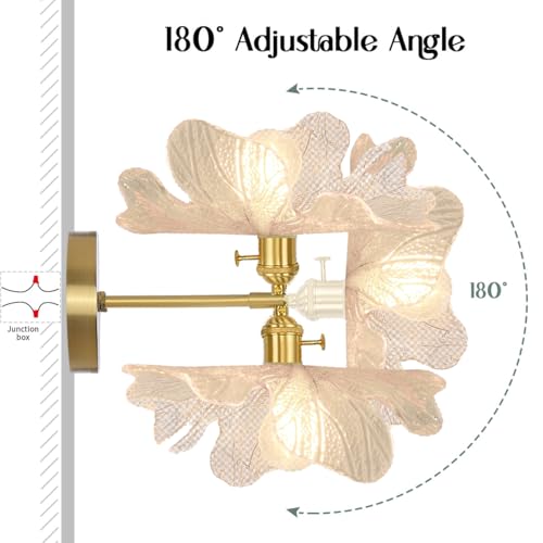 Image of Brass Vanity Light Brushed Gold Bathroom Light Fixtures - Clear Flower Glass Shade, Modern Hardwired Wall Sconce Retro Vanity Lighting for Over Mirror Bedroom Doorway Foyer Hallway