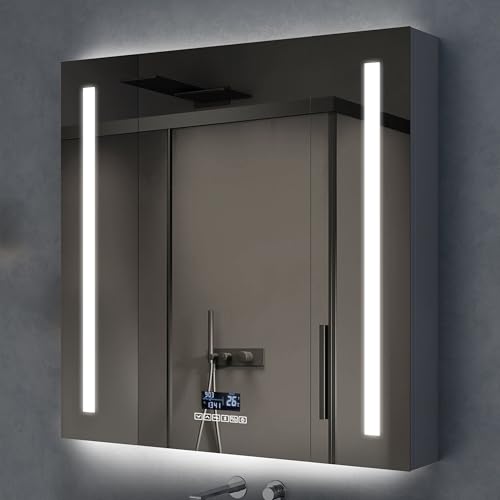 Image of Plantex 304 Stainless Steel Bathroom Organizer with Defogger,Bluetooth & Digital Display /Bathroom Cabinet Storage /Triple Door LED Mirror Cabinet for Wall(32x32 Inch, Chrome)
