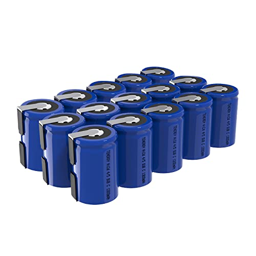 Tenergy 4/5 SubC 1.2 Volts 1300mAh NiCD Rechargeable Batteries with Tabs, Flat top, 15 Pack