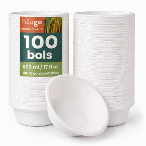 HAAGO 100 Bols Jetables Extra Solides Compostables 500 ml / 17 oz – Canne à Sucre (Bagasse) –...