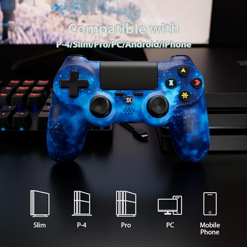 Image of Controller for PS4, Wireless Controller 2 Pack for Sony PlayStation 4 /Slim /Pro, with 6-Axis Motion Sensor /Double Vibration /Touch Pad /Speaker & 3.5mm Audio Jack /800mAh Battery /USB-C Cable, Blue + Black