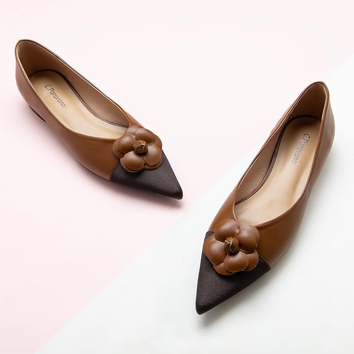 C.Paravano Women's Pointed Toe Two Tone Designer Ballet Flats - Leather Shoes for Dressy Casual Work Office Party2