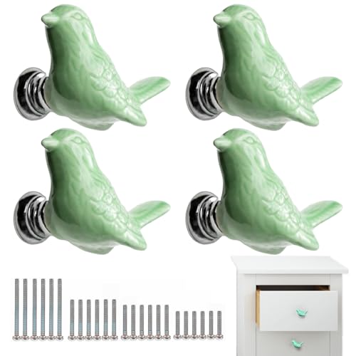 MARSTREE 4 Pack Drawer Knobs Ceramic Cabinet Handles Bird Shape Cupboard Dresser Wardrobe Closet Door Cabinet Knobs Pull Handles Kitchen Furniture Knobs with Long Short Screws, Green