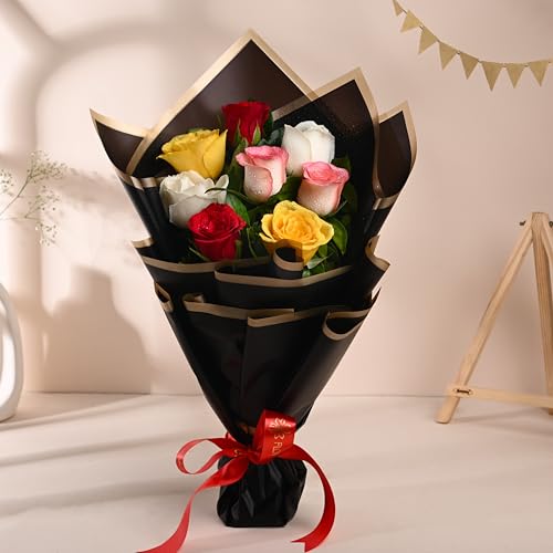 Image of FlowerAura Premium Fresh Live Flower Bouquet of 8 Mix Roses In Designer Paper Gift For Birthday | Anniversary | Love | Home Decor | Fathers Day Gift For Dad (Same Day Delivery)