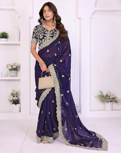 Image of Yashika Women's Organza Satin Butti Work With Zari Lace Border Embroidered Saree| Women Sari