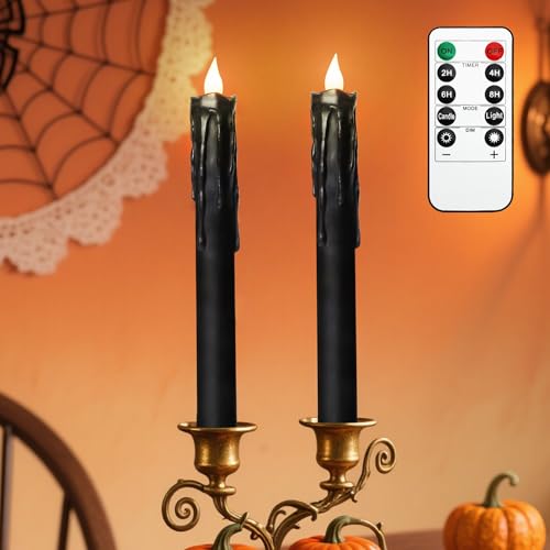 PETRISTRIKE Black Flameless Taper Candles with Remote and Timer Real Wax LED Taper Candles Battery Operated Flickering Candle Sticks for Party Halloween Indoor Decoration 2 Pcs 9.6 inches