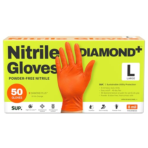 SUPER+ HEAVY DUTY Nitrile Gloves 8 Mil Diamond Texture Disposable Chemical Resistant Powder &Latex Free Food Safe Orange 50Ct (Large)