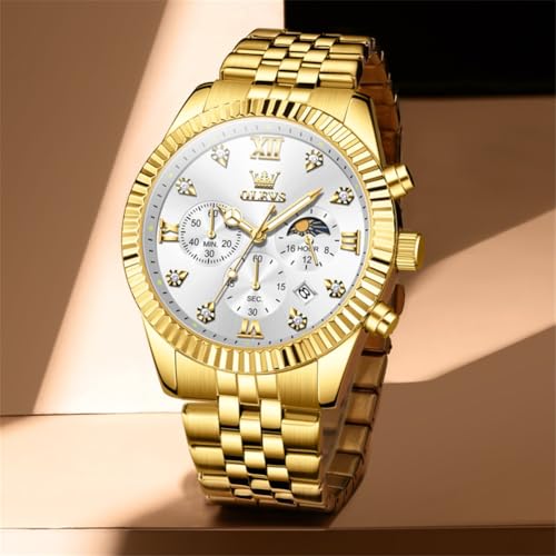 Image of OLEVS Mens Watches Chronograph Luxury Dress Moon Phase Quartz Stainless Steel Waterproof Luminous Business Calendar Wrist Watch