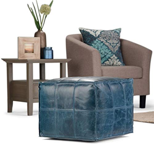 Trent Home Boho Square Pouf in Teal Genuine Leather