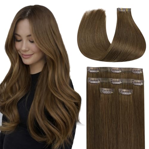 Image of Full Shine Medium Brown Hair Extensions, Seamless Human Hair Clip ins | Human Hair Clip in Extensions, 12 Inch 55g 4 Pcs, Part Line Fill ins, Soft Straight, Office Styling, Short Hair