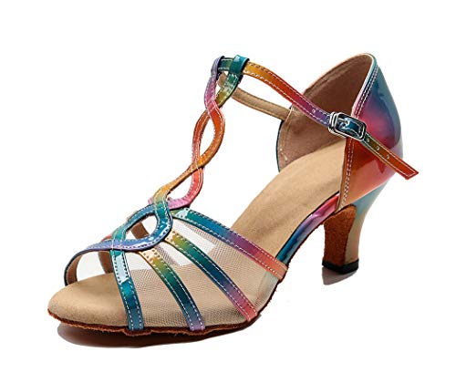 TDA Women's T-Strap Peep Toe Mid Heel Cut-Out Mesh Multicoloured Synthetic Salsa Tango Practice Latin Modern Shoes Wedding Praty Dance Sandals 6.5 M US