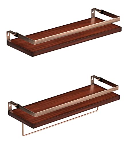 Vdomus Bathroom Shelves Made of Wood Material 2 Pack, Brown Floating Bathroom Shelves Wall Mounted with Towel Bar