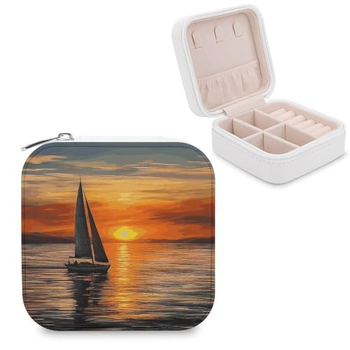 LPSBVNM Sunrise Sailing Boat Jewelry Box for Women Girl Small Portable Jewelry Organizer Box PU Leather Travel Jewelry Case Earring Holder Organizer Storage for Ring Pendant Necklace