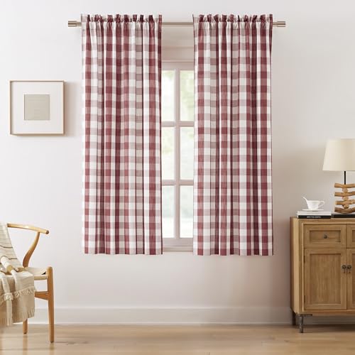 Bapawfish Red White Buffalo Plaid Semi Sheer Curtains 63 Inch Rod Pocket