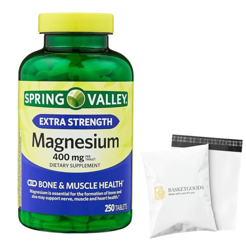 Spring Valley Magnesium 400 mg Bone & Muscle Health Tablets Dietary Supplement 250 Count Best Magnesium Supplement for Women Pastillas de Magnesio para Mujer - Set by Basket Goods
