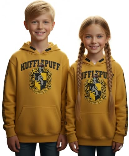Harry Potter Kids Hoodie – Official Licensed Hufflepuff Sweatshirt | Yellow Cotton Pullover Jumper with Crest & Sleeve Print | Unisex Sizes 1–13 Years (UK, Alpha, 3 Years, 4 Years)