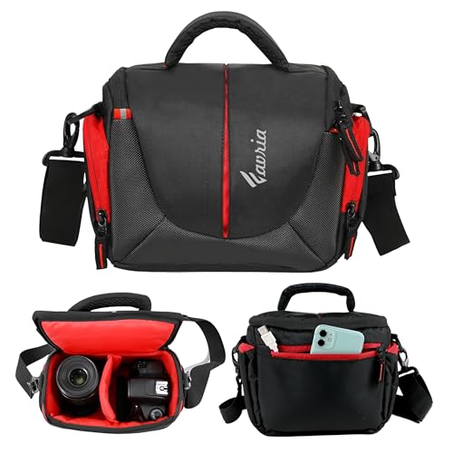 Image of Favria Camera Bag for DSLR & Mirrorless - Fits Nikon, Canon, Sony - Camera Bag for Travel - Shockproof Sling Case for Lens - Water-Resistant Compact Photography Bag (Black Red)