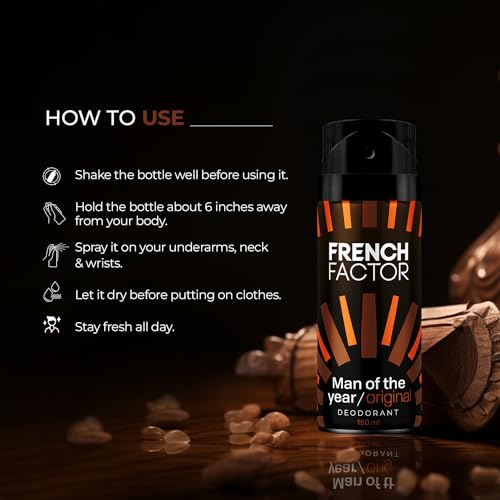 Image of French Factor Man of The Year Original Body Spray For Men Long Lasting Deodorant Fresh Musky Deo Made in India (Pack of 1, 150ml)