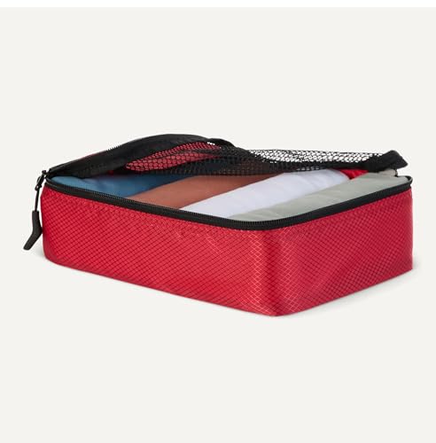Image of Amazon Essentials 4-Piece Space-Saving Packing Cubes Travel Accessories Set, Luggage Organizer with Double Zipper, Mesh Top, Small, Red (Previously Amazon Basics)