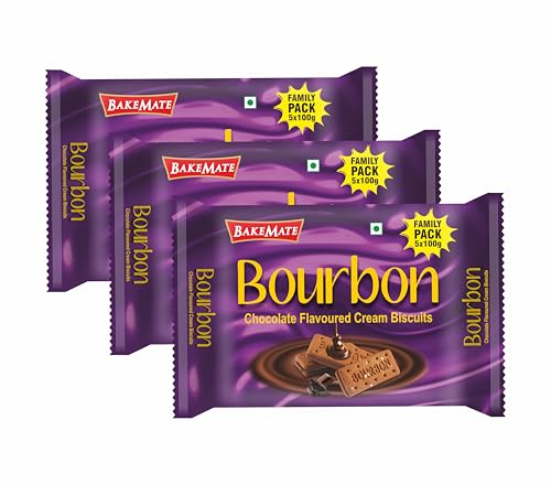 Image of BakeMate Bourbon Chocolate Flavoured Cream Biscuits - Pack of 3 | Bourbon Biscuits Family Pack | Chocolate Sandwich Biscuit | Crunchy Tea Time Snack for Chocolates Lovers | Biscuit for Kids & Adults