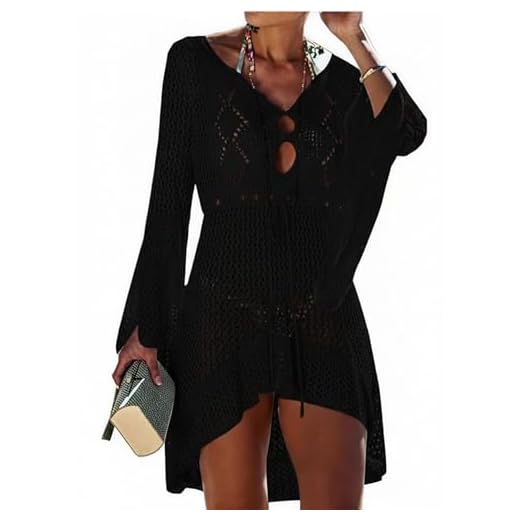 Jinsha Gestrickte Bikini Cover Up Strandponcho Strandkleid für Damen Sommer Pareos (Schwarz)