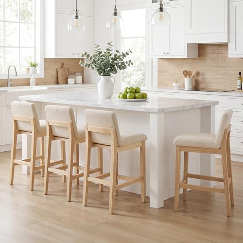 Image of Zesthouse Wood Bar Stools Counter Height Set of 2, 26 inch Modern Bar Stools with Padded Backs & Solid Wooden Legs, Mid Century Upholstered Barstools, Beige Linen Fabric High Chairs for Kitchen Island