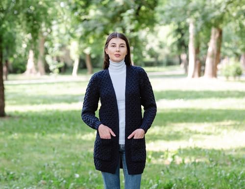Image of SAOL Aran Coat for Women - Irish Open Front Fisherman Cardigan with Pockets - Merino Wool Made in Ireland
