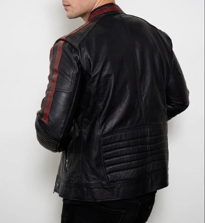Men's Commander Shephard N7 Gaming Motorcycle Black Real Leather Jacket - Vintage Biker Jacket with Red Stripes3