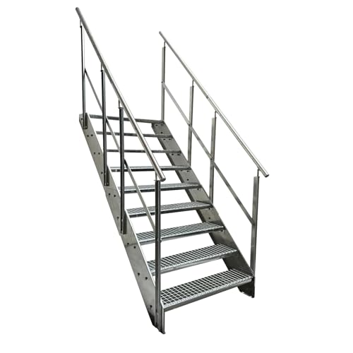 Kaminbau Mierzwa Escalier en acier galvanisé à rampe des deux côtés – 9 marches, largeur 600 mm, hauteur 171 cm, résistant aux intempéries