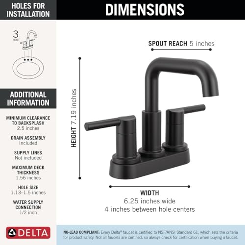 Delta Nicoli Centerset Matte Black Bathroom Faucet, 4 Inch 3 Hole Bathroom Sink Faucet for Vanity, Push-Pop Drain Assembly, Matte Black 25849LF-BL - image 5
