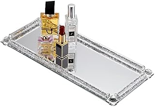 BTSKY 35*15CM Glass Mirrored Tray with Crushed Diamonds Frame - Rectangle Decorative display Tray Crystal Vanity Tray for cosmetic perfume and trinkets, Mug Cup Serving Tray, Home Decor