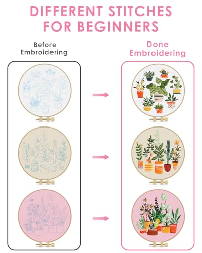 Image of TINDTOP 3 Pack Embroidery Kit for Adult, Embroidery DIY Starter Kit | with Stamped Patterns, Hoop, Tools, Colorful Threads with Needles, Instructions
