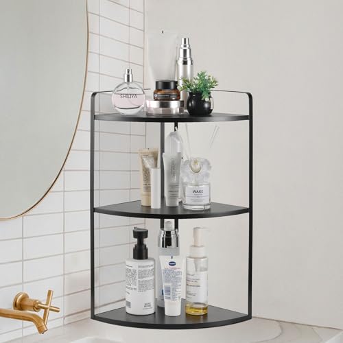 Image of 3 Tier Corner Bathroom Counter Organizer, Countertop Organizer, Makeup Organizer Countertop, Bathroom Storage Sink Shelf, Wooden and Metal Counter Shelf (Large Capacity-Black)
