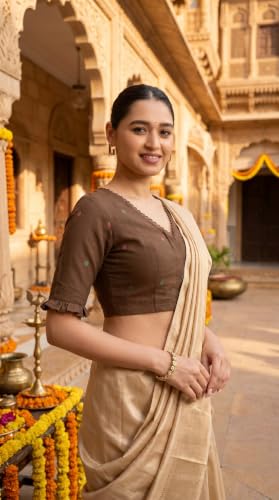 Image of Studio Shringaar Women's Handloom Cotton Jamdani Border Readymade Saree Blouse