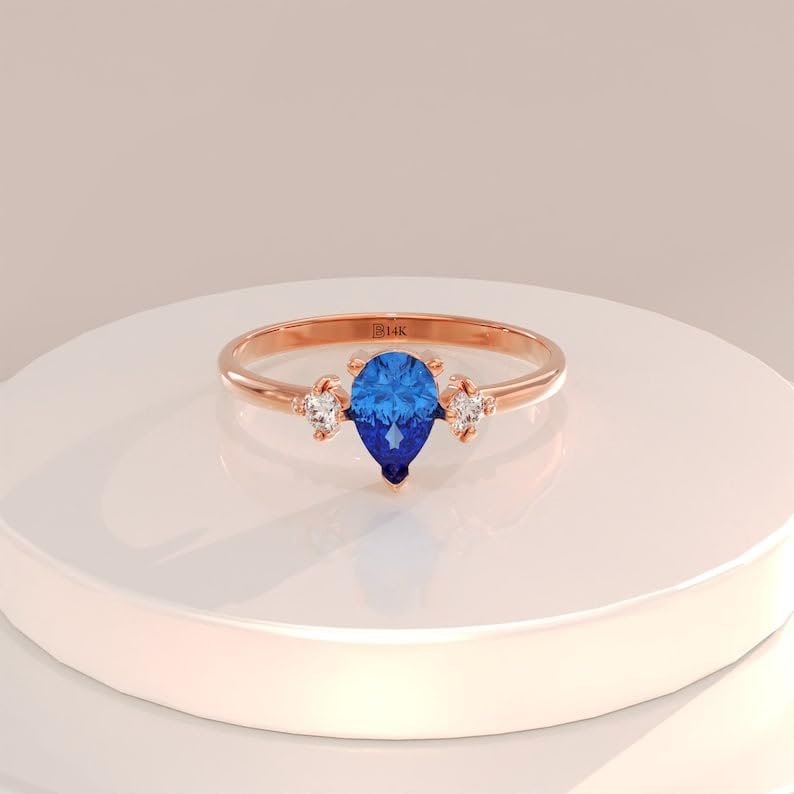 Blue Sapphire Ring,14k Gold Plated Sapphire Engagement Ring, Dainty Pear Cut Sapphire Band, Womens Teardrop Shape Solitaire Ring Gift for Her2