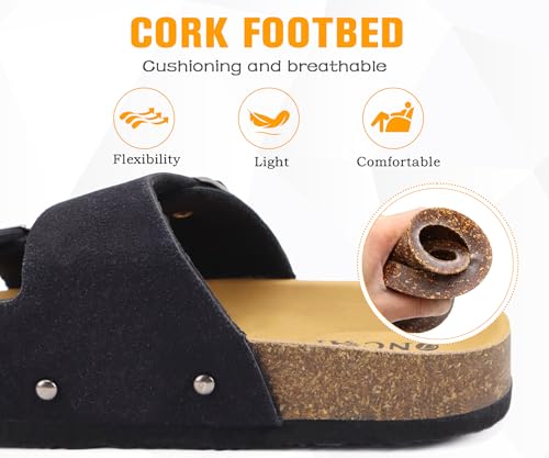 Image of ONCAI Womens Flat Slide Sandals with Arch Support 2 Strap Adjustable Buckle Slip on Slides Shoes Non Slip Rubber Sole
