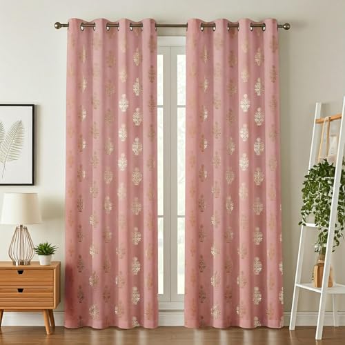 Image of Premium Velvet Door Curtains 7 Feet Long, Golden Foil Matka Design Room Darkening Curtains for Door, Thermal Insulated Parda 4 Feet X 7 Feet (48 Inch X 84 Inch)-1 Pcs Pink Colour