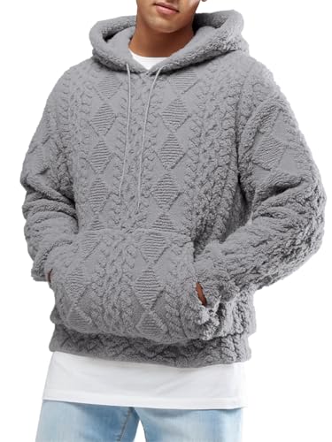 Runcati Mens Fuzzy Sherpa Hoodie Pullover Sweatshirts Long Sleeve Front Pocket Fall Winter Hooded Textured Outwear