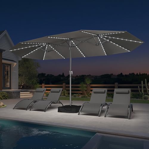 Image of PURPLE LEAF Patio Umbrella 15ft with Base and Solar Lights Outdoor, Grey