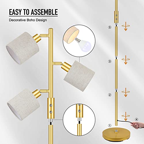 Gold Floor Lamps For Living Room, 3 Color Temperature, 3-Light Tree Standing Lamp, Minimalist Corner Floor Lamp With Lamp Shades Modern Pole Lamp For Bedroom Office Kids Room, Reading (5W Led Bulbs) #TOP7